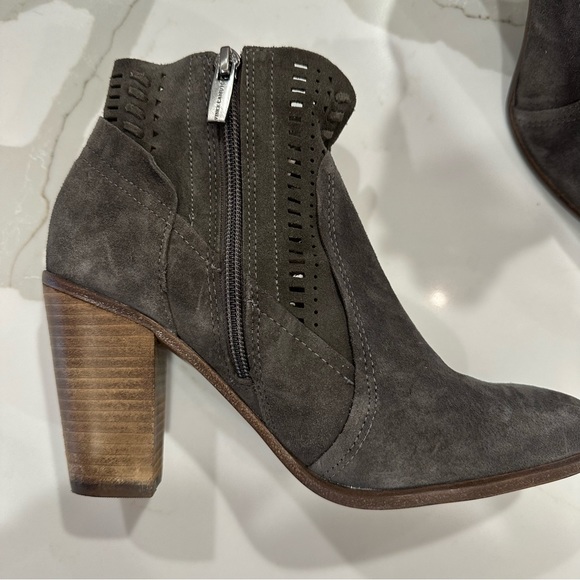 VINCE CAMUTO Grey Suede Side Zip wooden Heel Booties - Picture 3 of 7